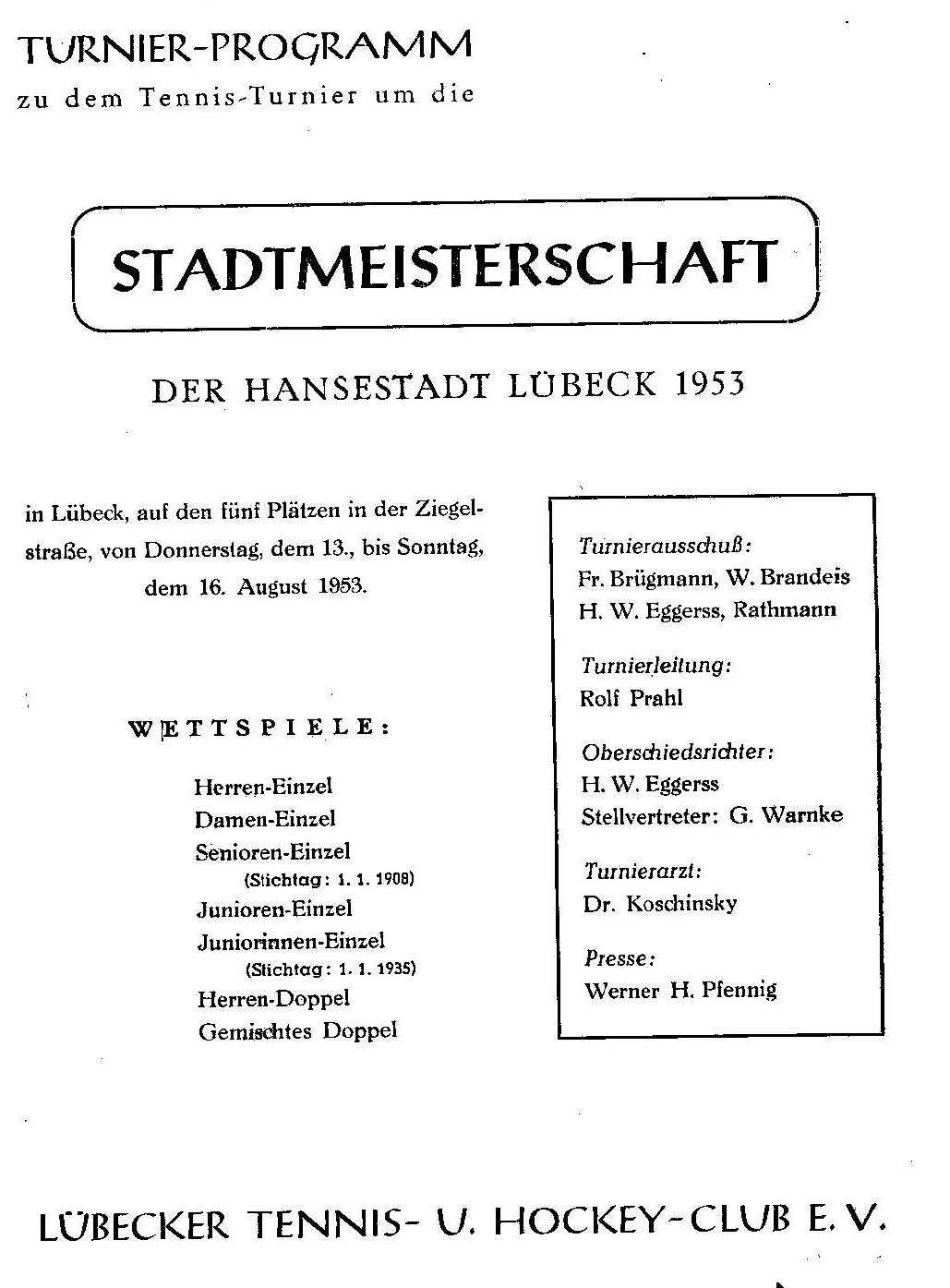 Turnierprogramm der Stadtmeisterschaft der Hansestadt Lübeck 1953